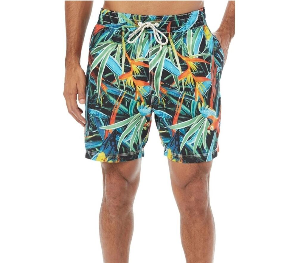 Caribbean Joe Mens L Paradise Parrot Bird Swim Trunks Black Multi Hawaiian